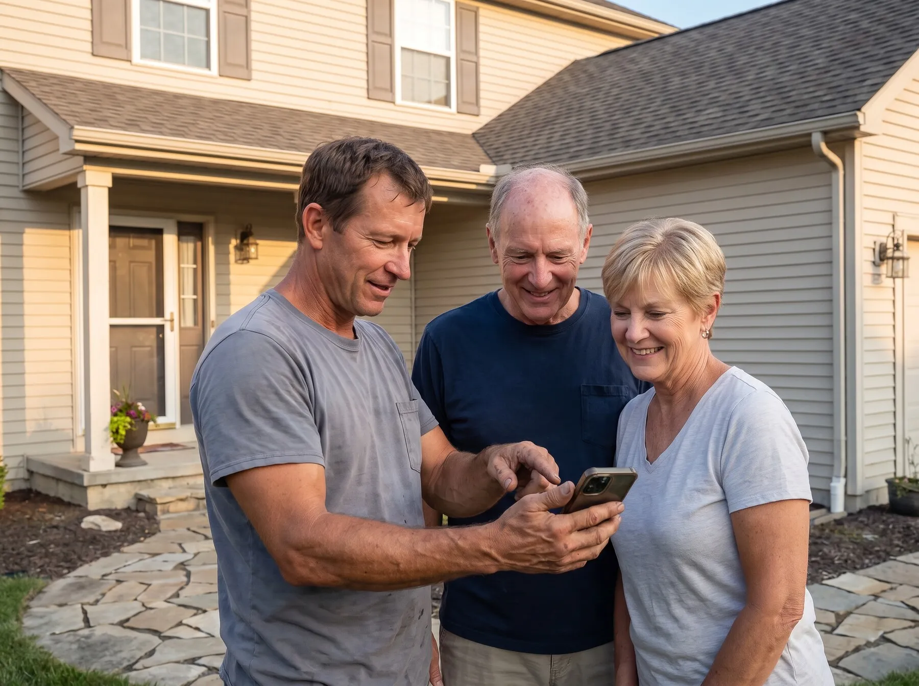 Illustrative photo: A roofer showing a couple photos of their finished roof on his phone.