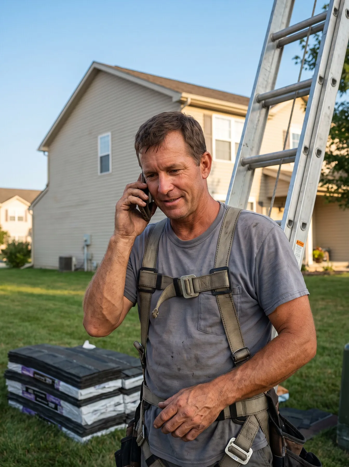 Illustrative photo: A roofer at the foot of his ladder answering his phone, shingle bundles on the lawn.