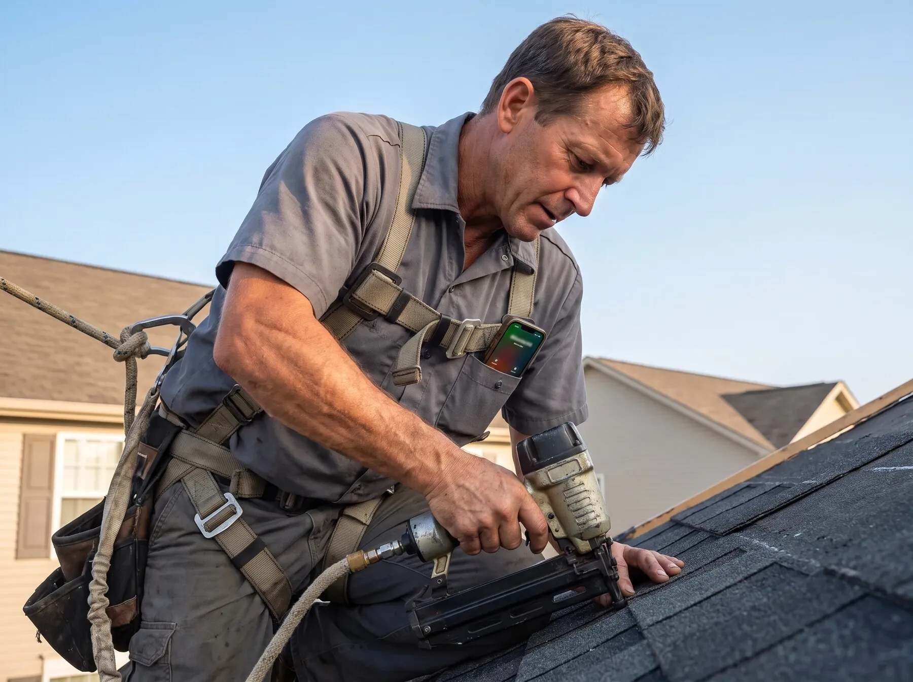 Illustrative photo: A roofer in a harness nailing shingles while his phone buzzes in his pocket.